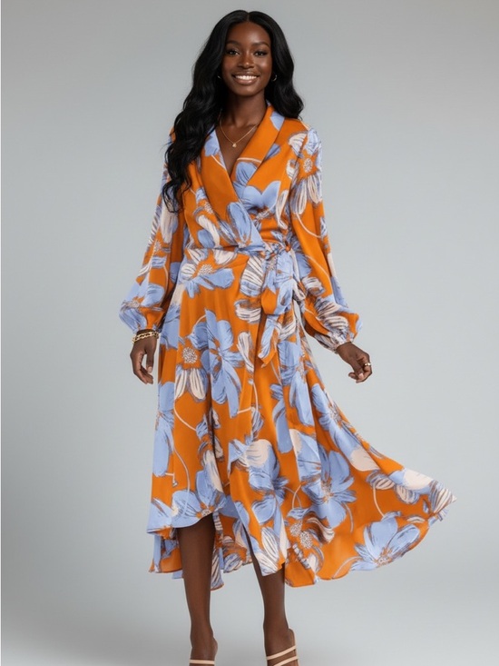 Dresses & Skirts - Floral Wrap Maxi Dress in Orange and Light Blue